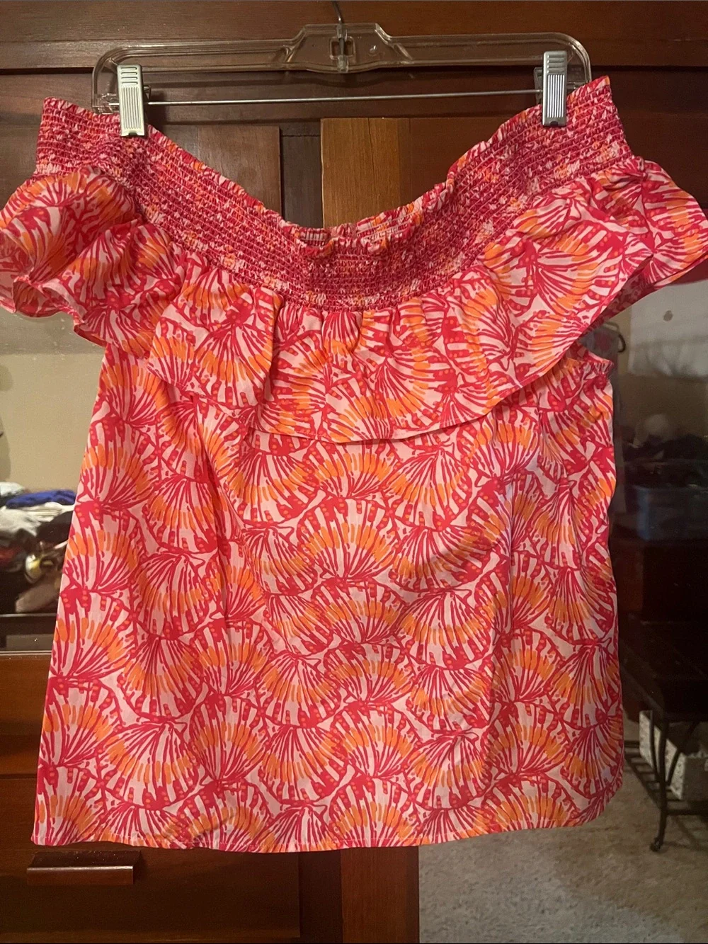Vineyard Vines Pink and Orange Off-Shoulder Ruffle Blouse